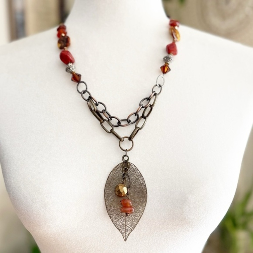 LUI Boho Antique Brass Finish Filigree Leaf Layered Bead Statement Necklace 20”